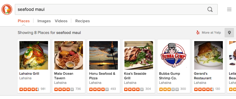 DuckDuckGo search for "seafood maui"