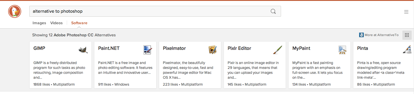 DuckDuckGo search for "alternative to photoshop"