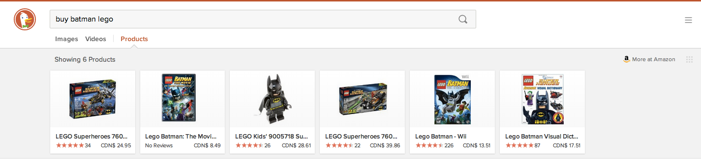 DuckDuckGo search for "buy batman lego"