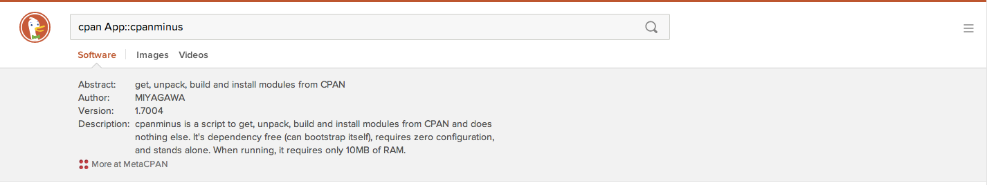 DuckDuckGo search for "cpan App::cpanminus"