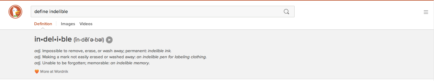 DuckDuckGo search for "define indelible"