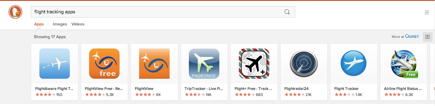 DuckDuckGo search for "flight tracking apps"