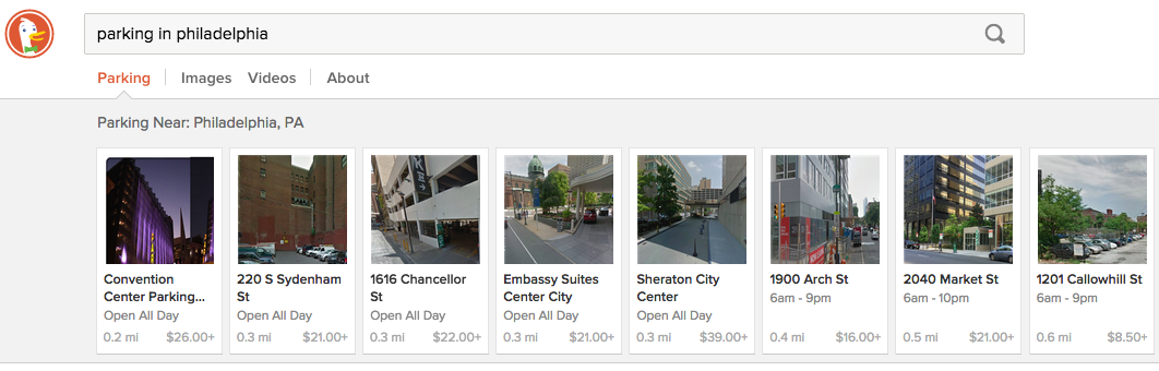 DuckDuckGo search for "parking in philadelphia"