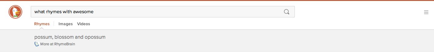DuckDuckGo search for "what rhymes with awesome"